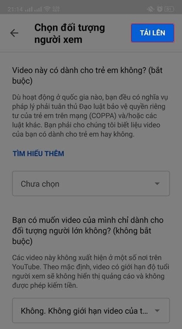 Lựa chọn phần Tải lên để hoàn tất video